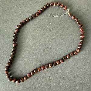 8MM ROUND RED TIGERS EYE STERLING SILVER BEAD NECKLACE - 20”